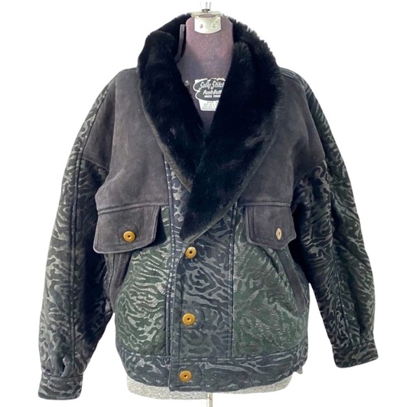 Vintage Animal Print Shearling Coat Sheepskin Leather Fur Jacket Black Medium - Picture 1 of 12